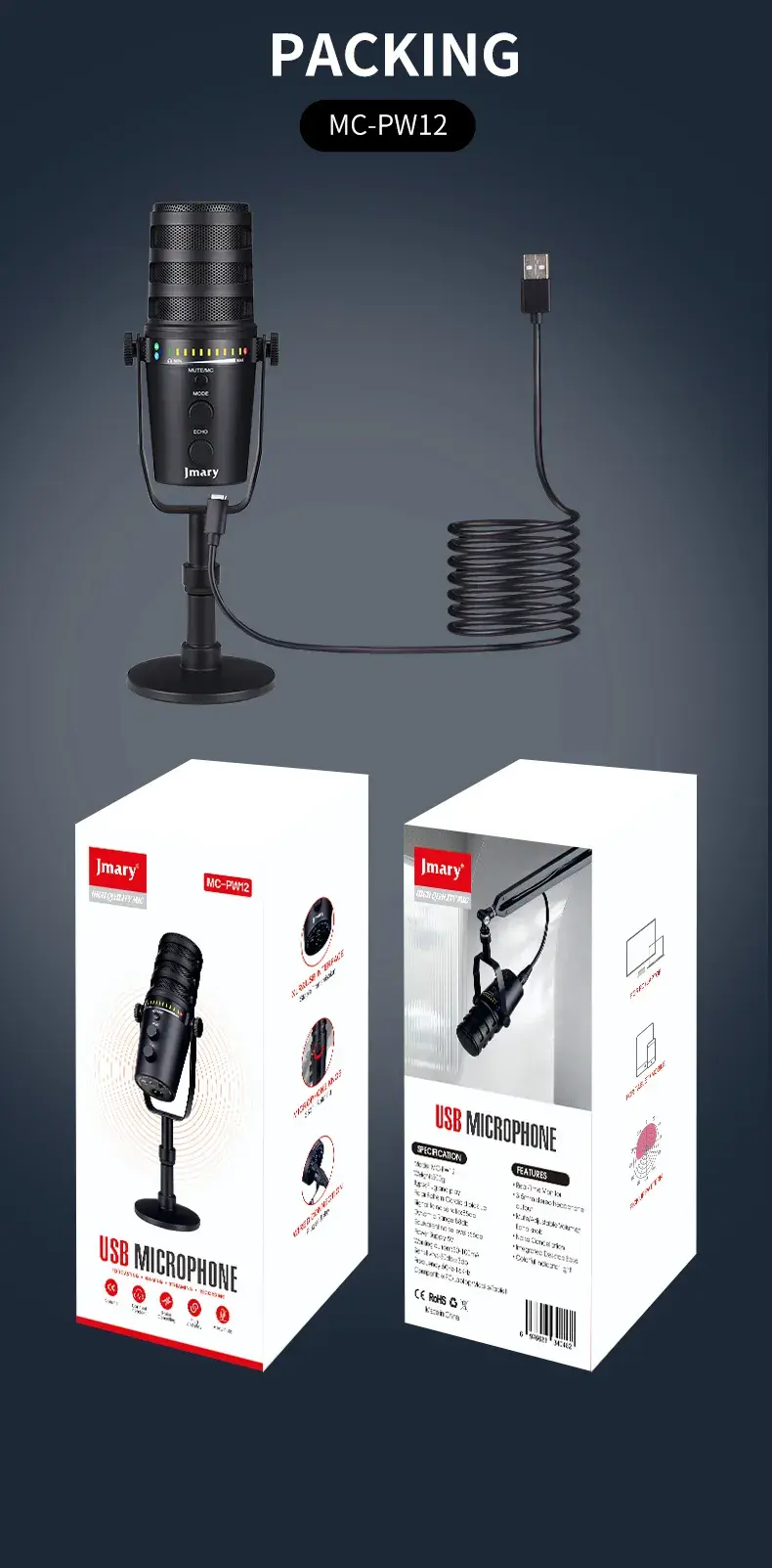 JMARY MC-PW12/PW8 USB Mic 360 Degree Rotating recording Microphone